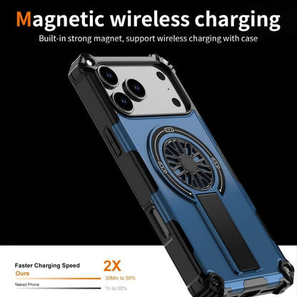 Armor Heavy Duty Magnetic Rotating Ring Kickstand Phone Case For iPhone 17 Pro Max, Anti-Drop Protective Cover In Blue