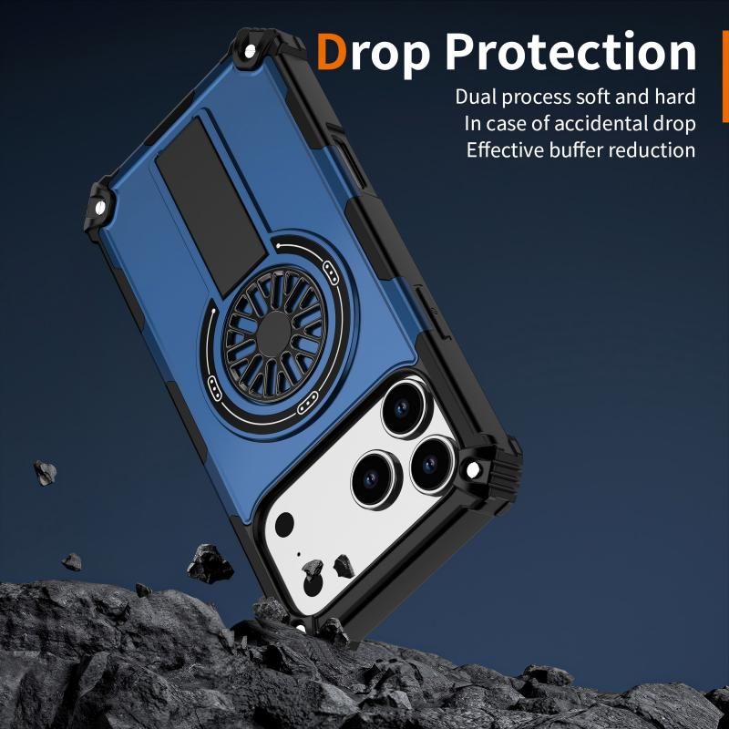 Armor Heavy Duty Magnetic Rotating Ring Kickstand Phone Case For iPhone 17 Pro Max, Anti-Drop Protective Cover In Blue