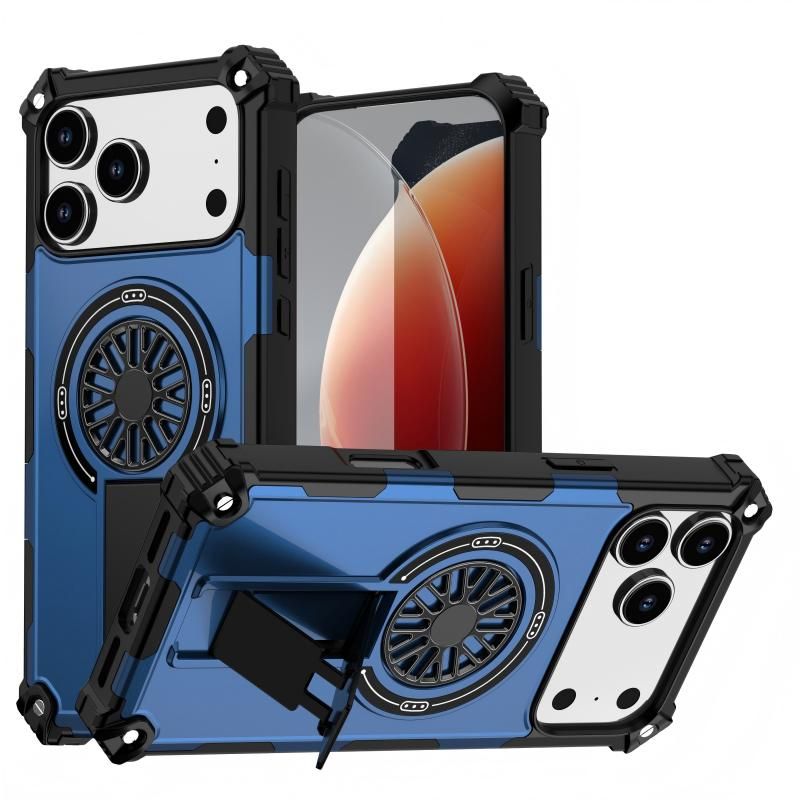 Armor Heavy Duty Magnetic Rotating Ring Kickstand Phone Case For iPhone 17 Pro, Anti-Drop Protective Cover In Blue