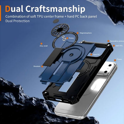 Armor Heavy Duty Magnetic Rotating Ring Kickstand Phone Case For iPhone 17, Anti-Drop Protective Cover In Blue