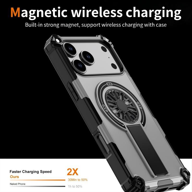 Armor Heavy Duty Magnetic Rotating Ring Kickstand Phone Case For iPhone 16 Pro Max, Anti-Drop Protective Cover In Silver