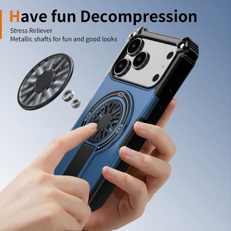 Armor Heavy Duty Magnetic Rotating Ring Kickstand Phone Case For iPhone 16 Pro, Anti-Drop Protective Cover In Blue