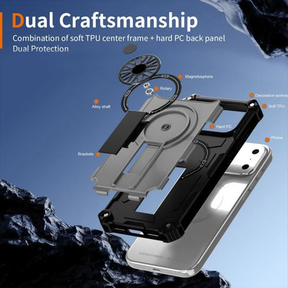 Armor Heavy Duty Magnetic Rotating Ring Kickstand Phone Case For iPhone 16 Plus, Anti-Drop Protective Cover In Silver