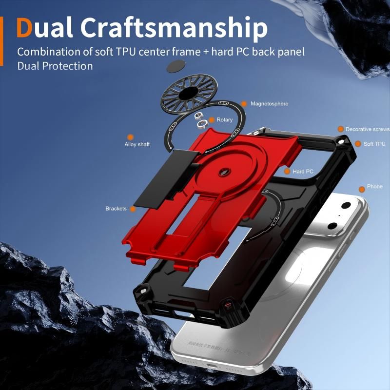 Armor Heavy Duty Magnetic Rotating Ring Kickstand Phone Case For iPhone 14 Pro Max, Anti-Drop Protective Cover In Red