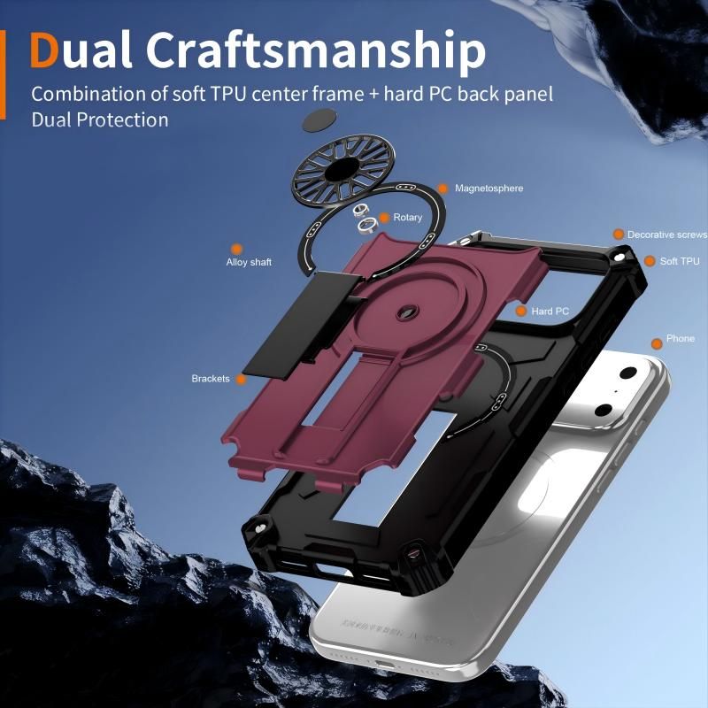Armor Heavy Duty Magnetic Rotating Ring Kickstand Phone Case For iPhone 14 Pro, Anti-Drop Protective Cover In Purple