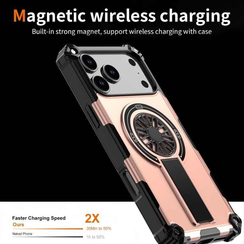 Armor Heavy Duty Magnetic Rotating Ring Kickstand Phone Case For iPhone 15 Pro Max, Anti-Drop Protective Cover In RoseGold