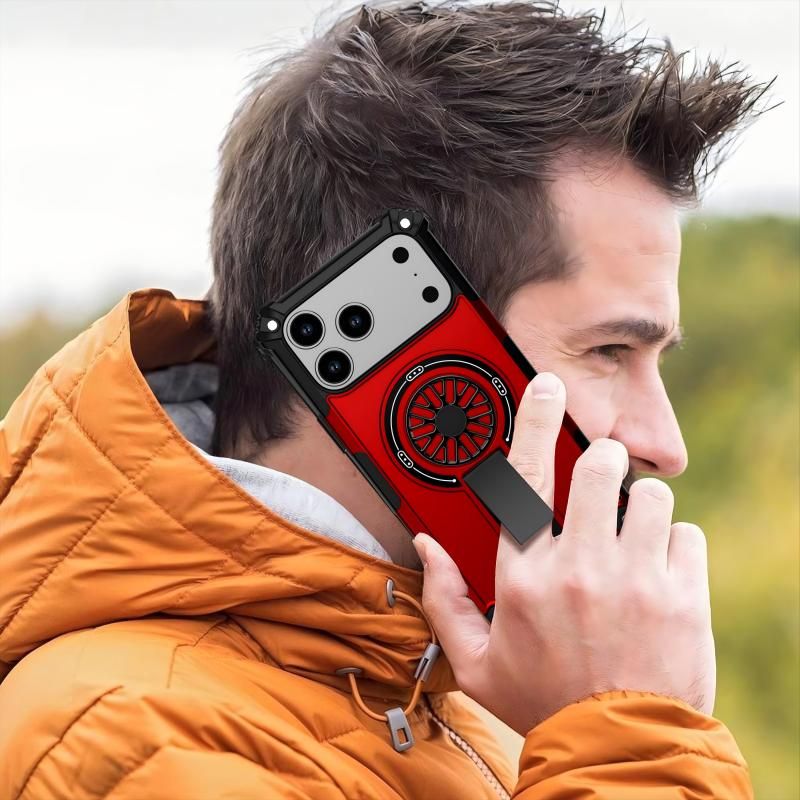 Armor Heavy Duty Magnetic Rotating Ring Kickstand Phone Case For iPhone 15 Pro, Anti-Drop Protective Cover In Red
