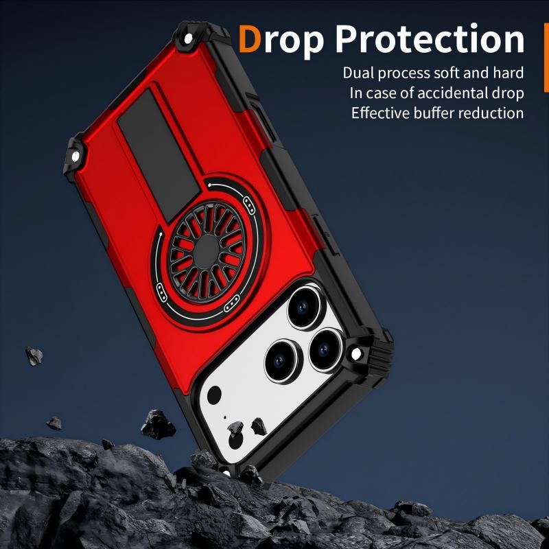 Armor Heavy Duty Magnetic Rotating Ring Kickstand Phone Case For iPhone 15, Anti-Drop Protective Cover In Red