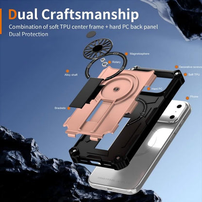 Armor Heavy Duty Magnetic Rotating Ring Kickstand Phone Case For iPhone 15, Anti-Drop Protective Cover In RoseGold