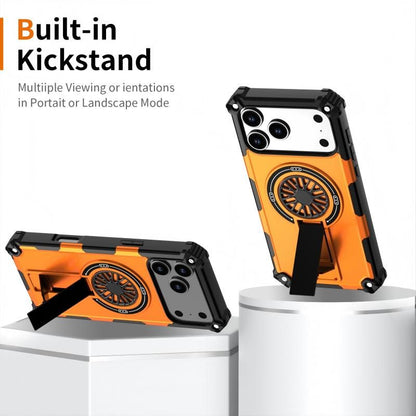Armor Heavy Duty Magnetic Rotating Ring Kickstand Phone Case For iPhone 17 Pro, Anti-Drop Protective Cover In Orange