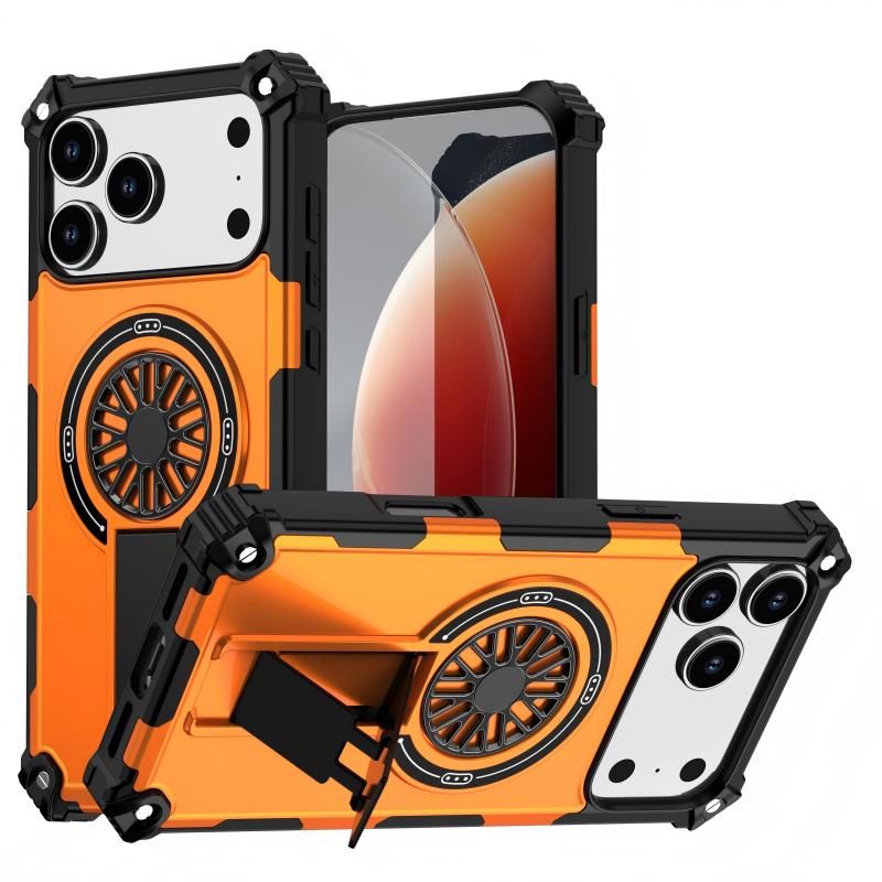 Armor Heavy Duty Magnetic Rotating Ring Kickstand Phone Case For iPhone 17 Plus, Anti-Drop Protective Cover In Orange