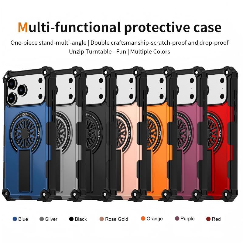 Armor Heavy Duty Magnetic Rotating Ring Kickstand Phone Case For iPhone 17, Anti-Drop Protective Cover In Orange