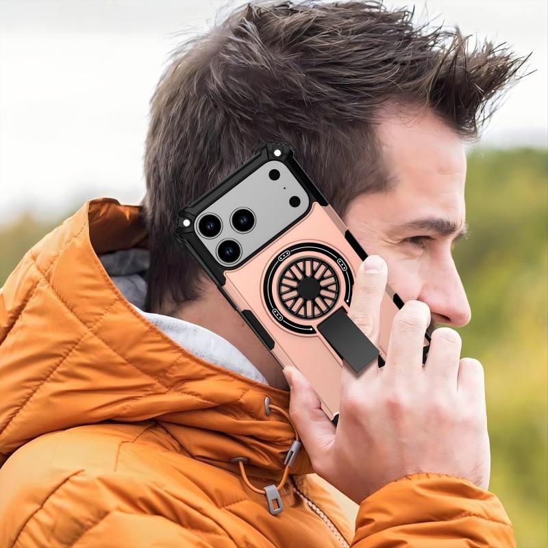 Armor Heavy Duty Magnetic Rotating Ring Kickstand Phone Case For iPhone 16 Pro Max, Anti-Drop Protective Cover In RoseGold