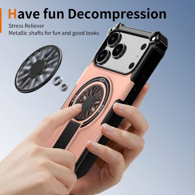 Armor Heavy Duty Magnetic Rotating Ring Kickstand Phone Case For iPhone 16 Pro, Anti-Drop Protective Cover In RoseGold