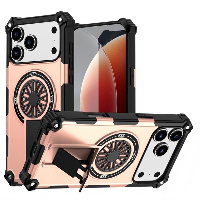 Armor Heavy Duty Magnetic Rotating Ring Kickstand Phone Case For iPhone 16 Plus, Anti-Drop Protective Cover In RoseGold