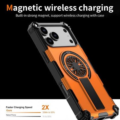Armor Heavy Duty Magnetic Rotating Ring Kickstand Phone Case For iPhone 16, Anti-Drop Protective Cover In Orange