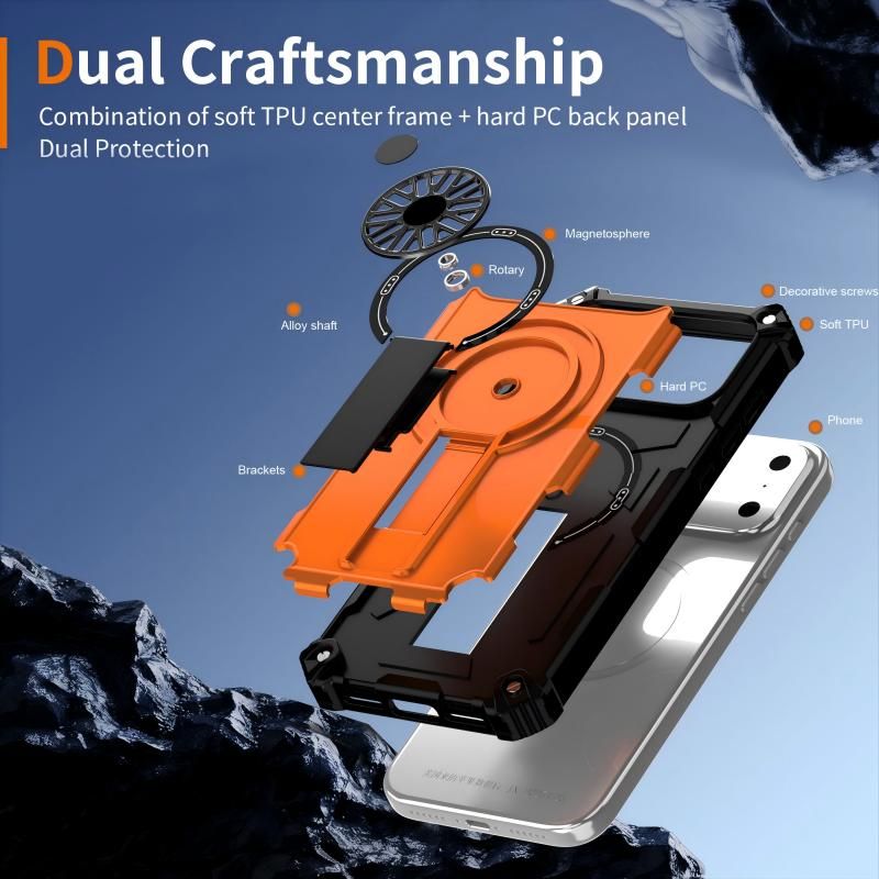 Armor Heavy Duty Magnetic Rotating Ring Kickstand Phone Case For iPhone 16, Anti-Drop Protective Cover In Orange