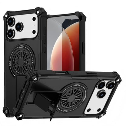 Armor Heavy Duty Magnetic Rotating Ring Kickstand Phone Case For iPhone 15 Pro Max, Anti-Drop Protective Cover In Black