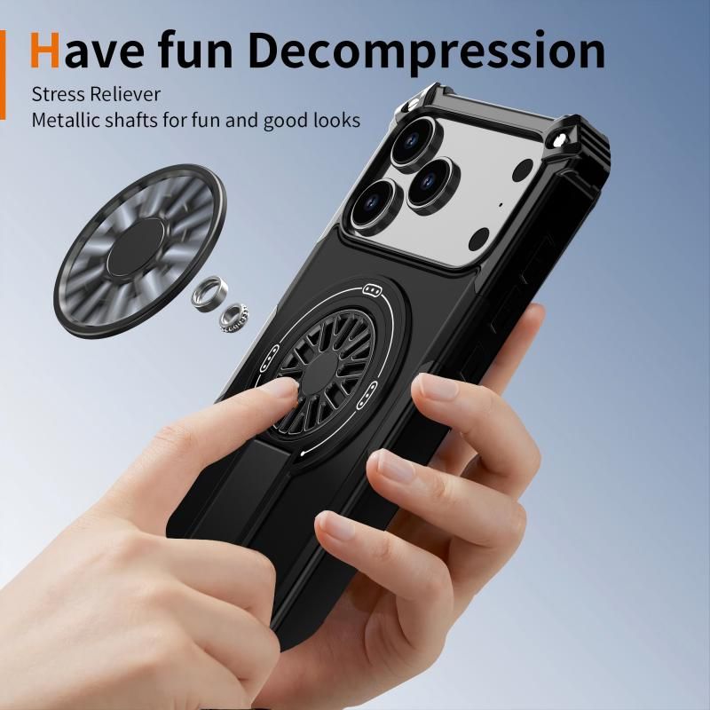 Armor Heavy Duty Magnetic Rotating Ring Kickstand Phone Case For iPhone 15 Pro Max, Anti-Drop Protective Cover In Black