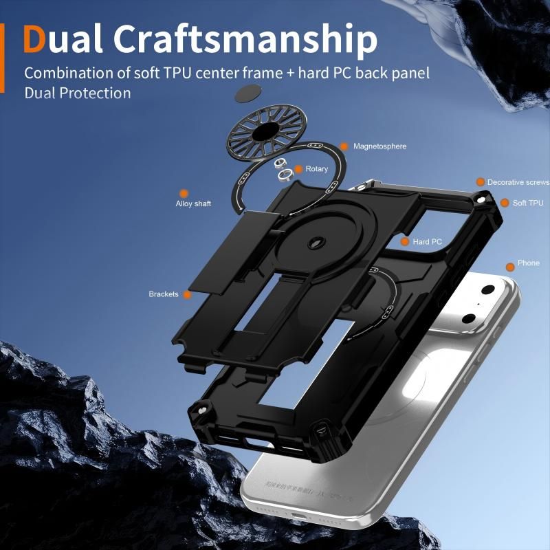 Armor Heavy Duty Magnetic Rotating Ring Kickstand Phone Case For iPhone 15 Pro, Anti-Drop Protective Cover In Black