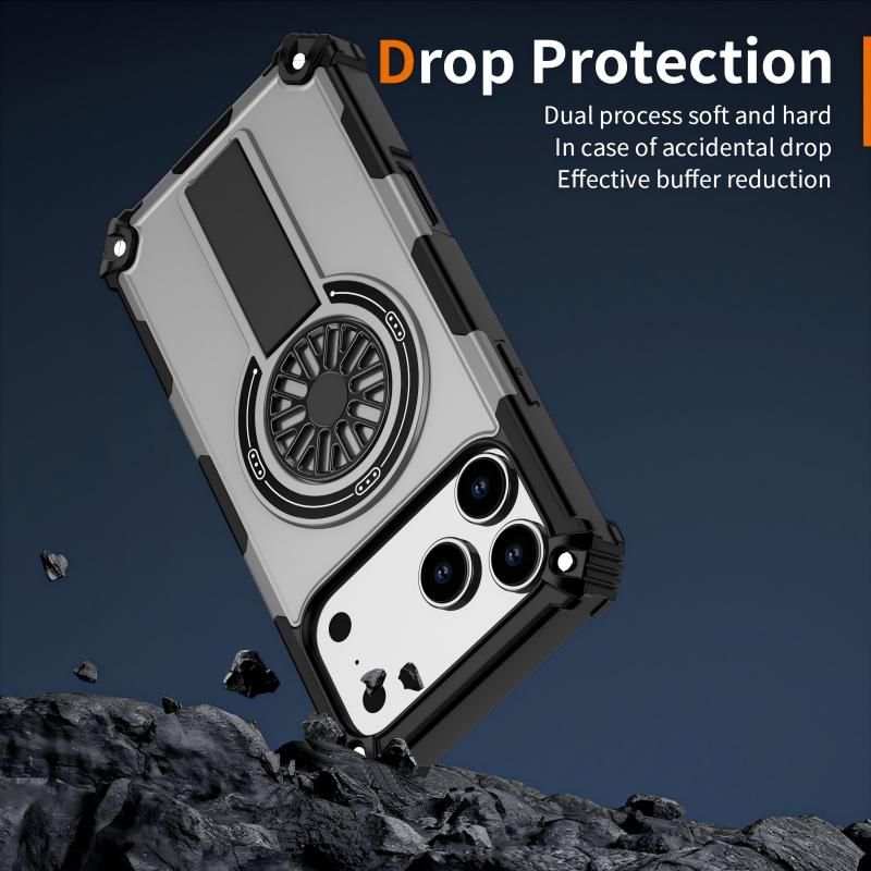 Armor Heavy Duty Magnetic Rotating Ring Kickstand Phone Case For iPhone 15 Pro Max, Anti-Drop Protective Cover In Silver