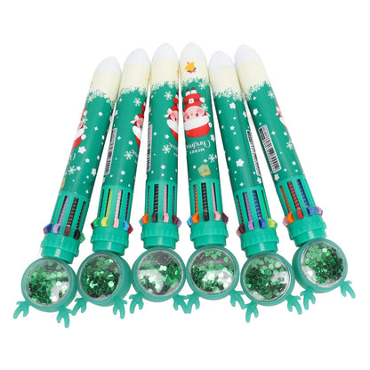 6Pcs Christmas Theme Ballpoint Pens 10 Color Cute Sequin Retractable Gift School Office Stationery Green Boy Pattern