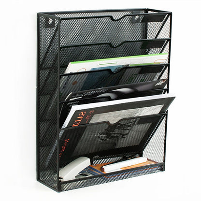 5 Tier Wall File Organizer Vertical Placement Glossy Edges Wall Mount File Holder with Hanging Hole for Office Black