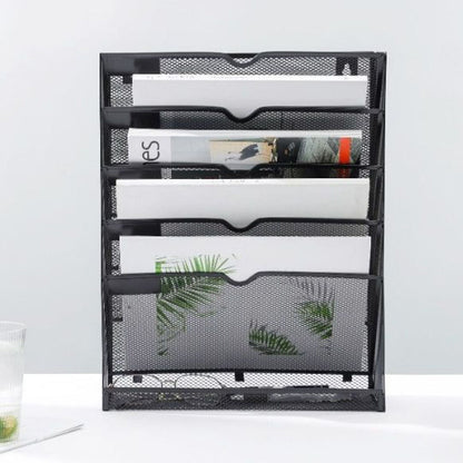 5 Tier Wall File Organizer Vertical Placement Glossy Edges Wall Mount File Holder with Hanging Hole for Office Black