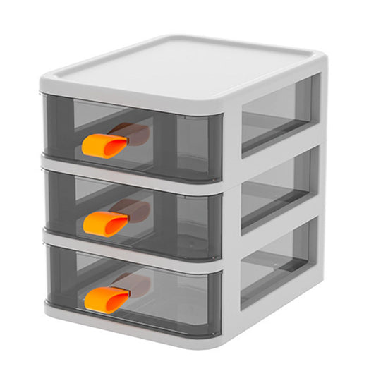 Drawer Type Desktop Storage Box Transparent Desktop Stationery Organizer with Orange Handle 3 Layer White 13.4x17x17cm