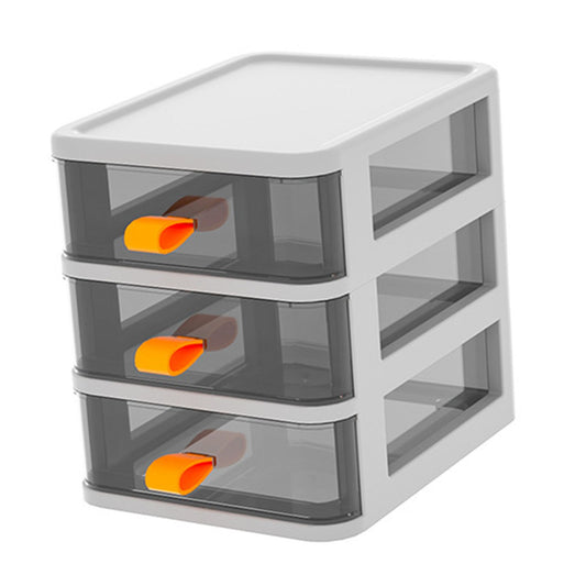 Drawer Type Desktop Storage Box Transparent Desktop Stationery Organizer with Orange Handle 3 Layer White 13.4x17x17cm