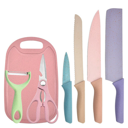 7 PCS Wheat Straw Knife Set Chef Knife Bread Knife Peeling Knife Scissors Peeler Cutter Kit with Chopping Board