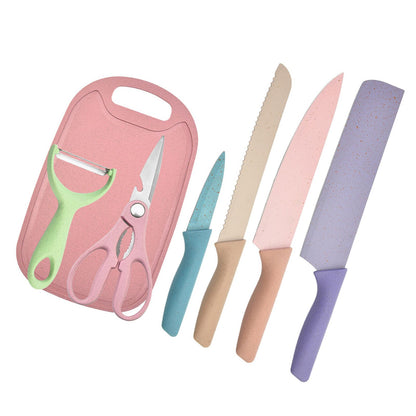 7 PCS Wheat Straw Knife Set Chef Knife Bread Knife Peeling Knife Scissors Peeler Cutter Kit with Chopping Board