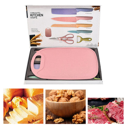 7 PCS Wheat Straw Knife Set Chef Knife Bread Knife Peeling Knife Scissors Peeler Cutter Kit with Chopping Board
