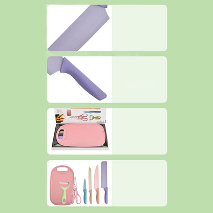 7 PCS Wheat Straw Knife Set Chef Knife Bread Knife Peeling Knife Scissors Peeler Cutter Kit with Chopping Board