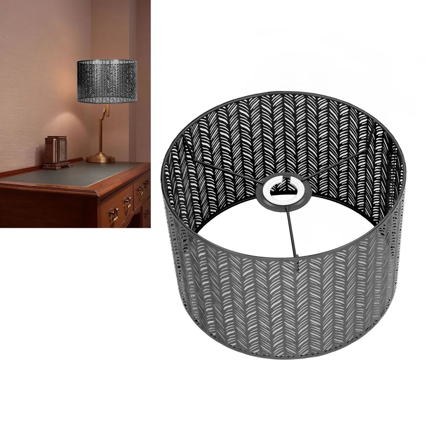 Drum Lamp Shade E27 E14 Clip Fir Leaf Shape Hollow Out Metal Decorative Lampshade Cover for Table Wall Ceiling Lamp Black