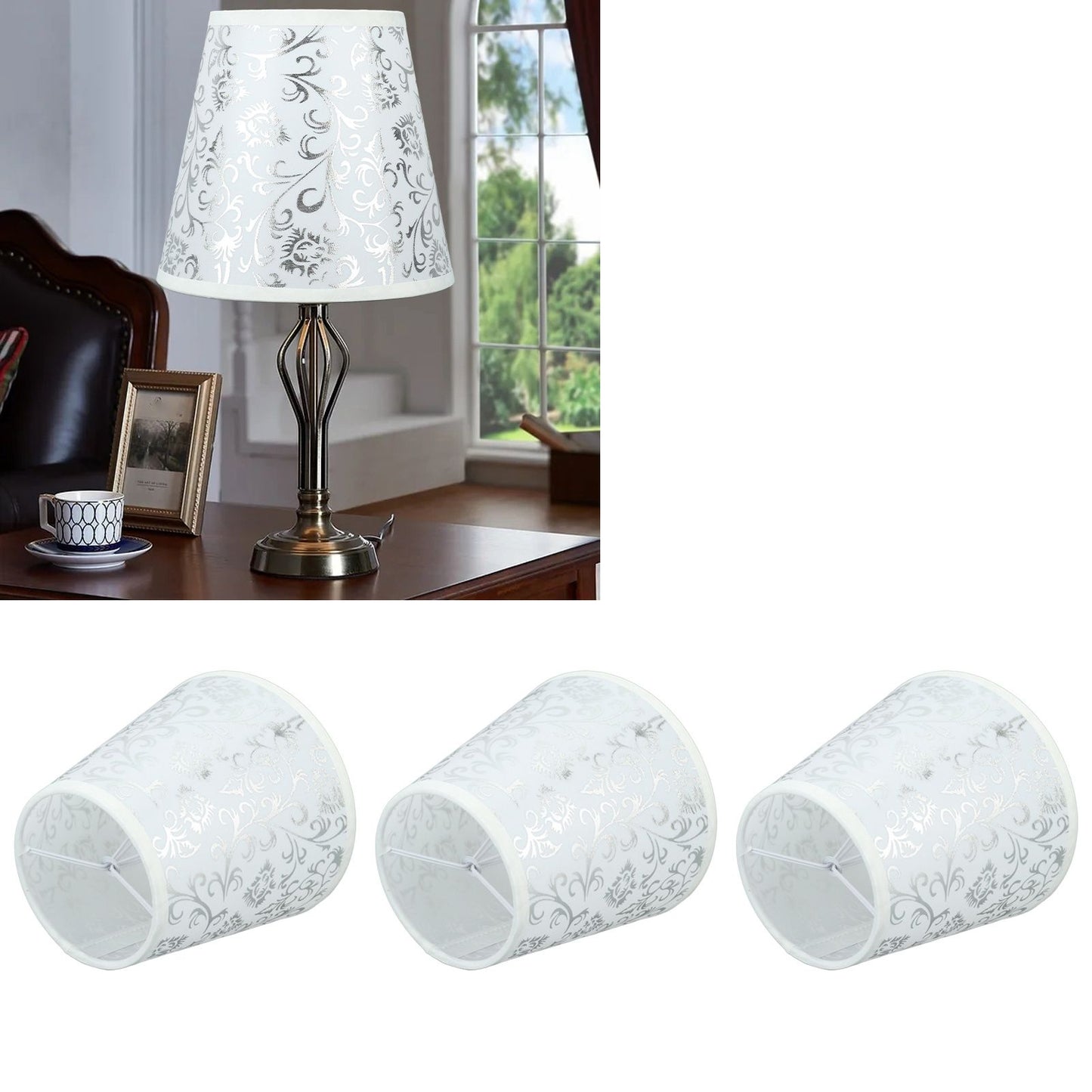 Cloth Lampshade Clip On Installation Modern Fabric Lamp Shades for E14 Bulb Chandelier Table Lamp 3pcs Silver