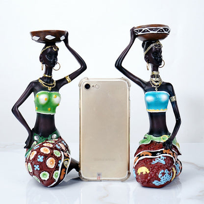 2PCS Vintage African Women Statue Candle Holders Resin Figurines Fits Up to 3.5cm Diameter Candles
