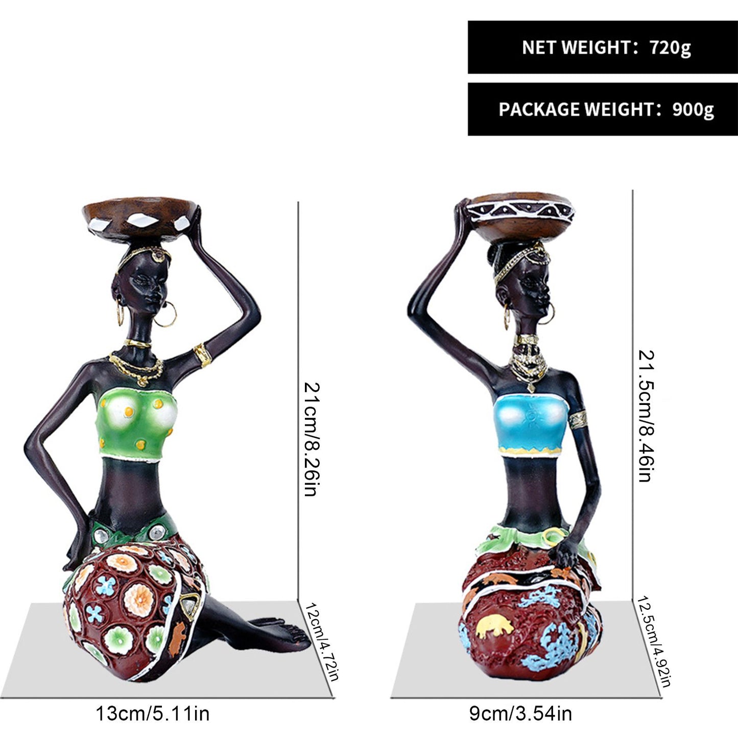 2PCS Vintage African Women Statue Candle Holders Resin Figurines Fits Up to 3.5cm Diameter Candles