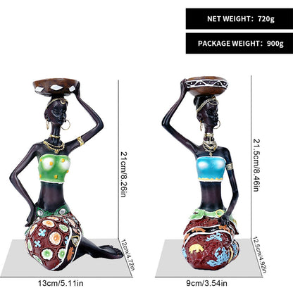 2PCS Vintage African Women Statue Candle Holders Resin Figurines Fits Up to 3.5cm Diameter Candles