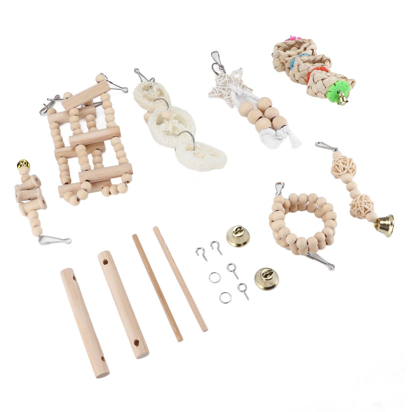 8 Pcs Parrot Toy Wooden Birds Swing Chewing Toy Pet Birds Cage Nest Hanging Toys Spiral Ladders Vertical Roosting Toys