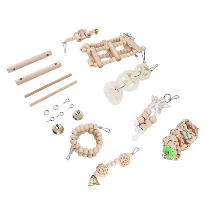 8 Pcs Parrot Toy Wooden Birds Swing Chewing Toy Pet Birds Cage Nest Hanging Toys Spiral Ladders Vertical Roosting Toys