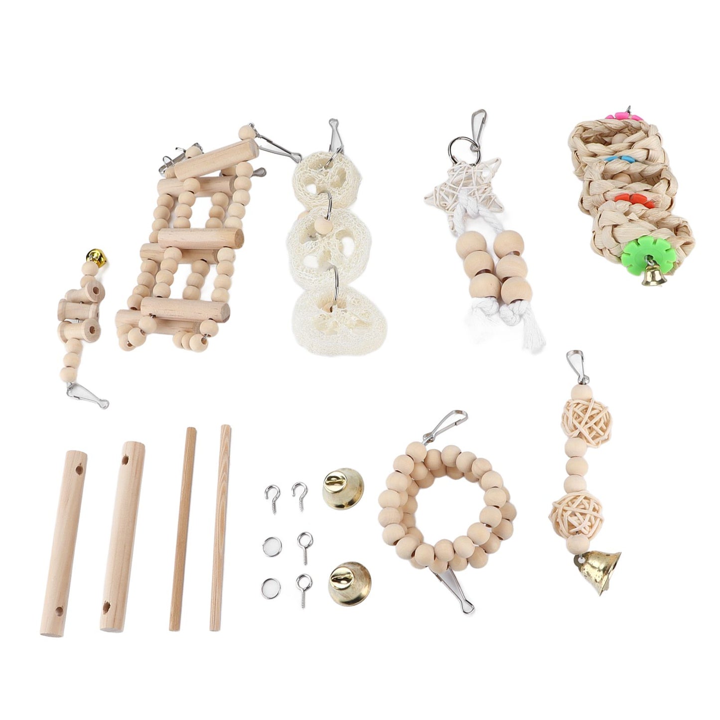 8 Pcs Parrot Toy Wooden Birds Swing Chewing Toy Pet Birds Cage Nest Hanging Toys Spiral Ladders Vertical Roosting Toys