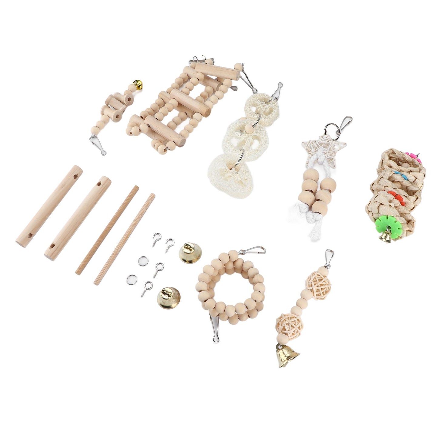 8 Pcs Parrot Toy Wooden Birds Swing Chewing Toy Pet Birds Cage Nest Hanging Toys Spiral Ladders Vertical Roosting Toys
