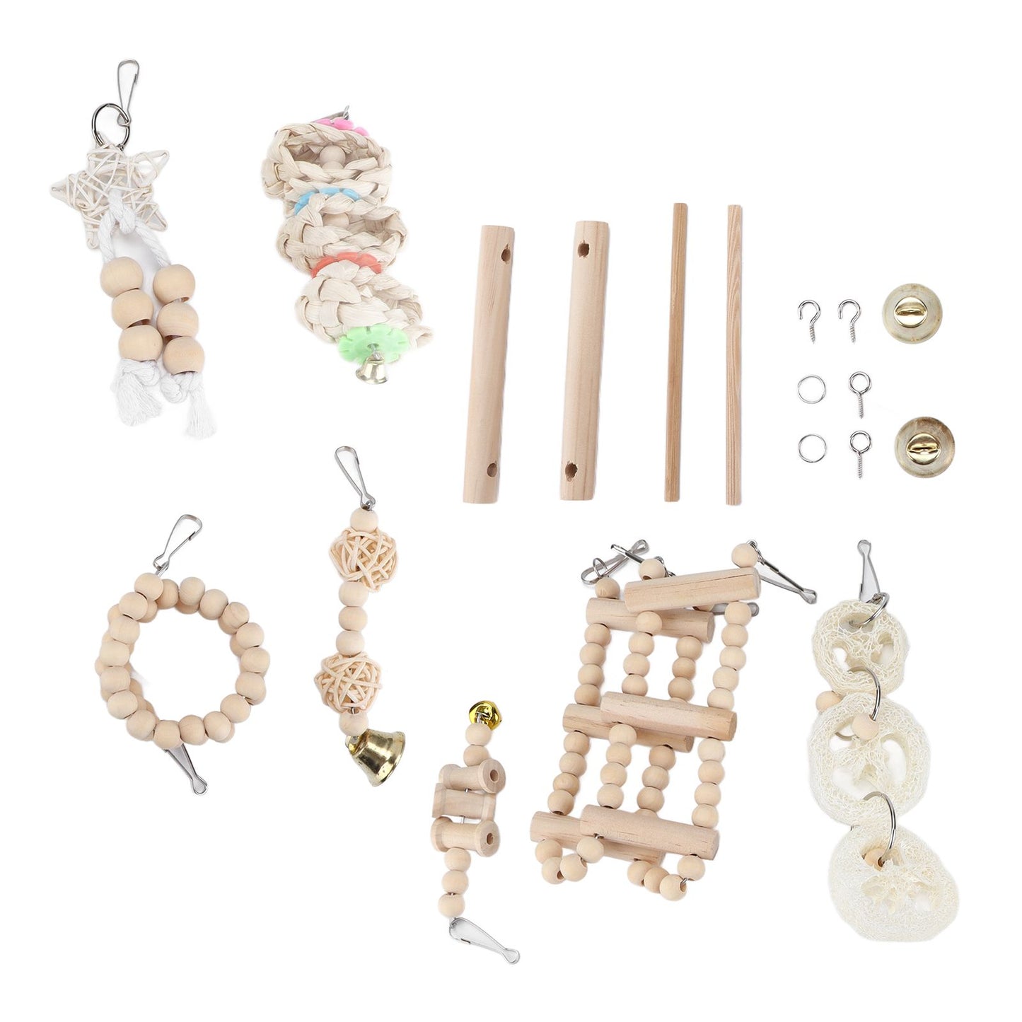 8 Pcs Parrot Toy Wooden Birds Swing Chewing Toy Pet Birds Cage Nest Hanging Toys Spiral Ladders Vertical Roosting Toys