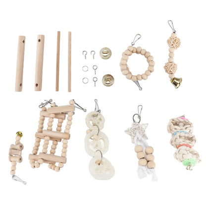 8 Pcs Parrot Toy Wooden Birds Swing Chewing Toy Pet Birds Cage Nest Hanging Toys Spiral Ladders Vertical Roosting Toys