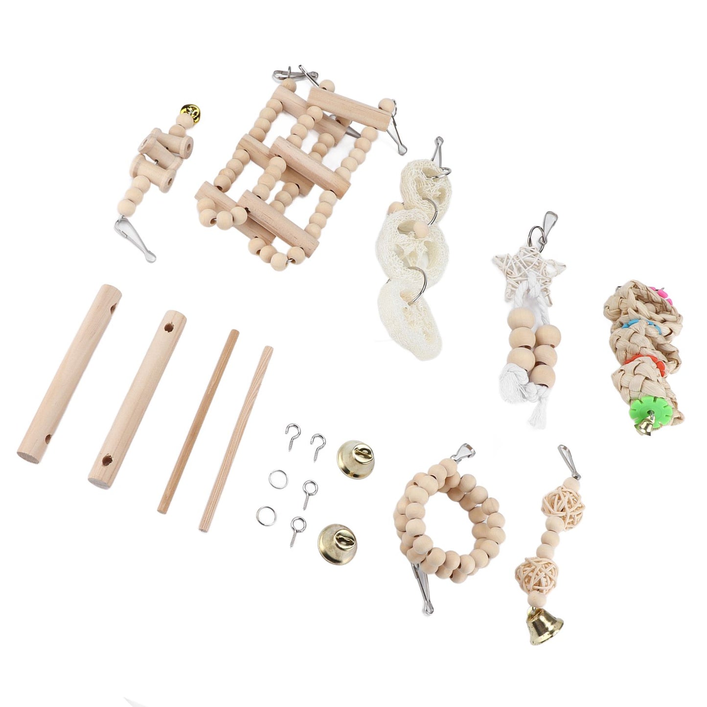 8 Pcs Parrot Toy Wooden Birds Swing Chewing Toy Pet Birds Cage Nest Hanging Toys Spiral Ladders Vertical Roosting Toys