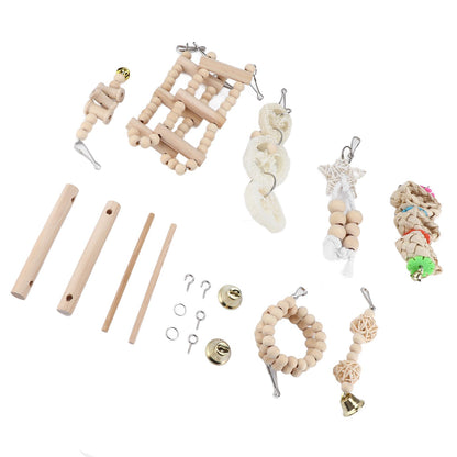 8 Pcs Parrot Toy Wooden Birds Swing Chewing Toy Pet Birds Cage Nest Hanging Toys Spiral Ladders Vertical Roosting Toys