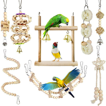 8 Pcs Parrot Toy Wooden Birds Swing Chewing Toy Pet Birds Cage Nest Hanging Toys Spiral Ladders Vertical Roosting Toys