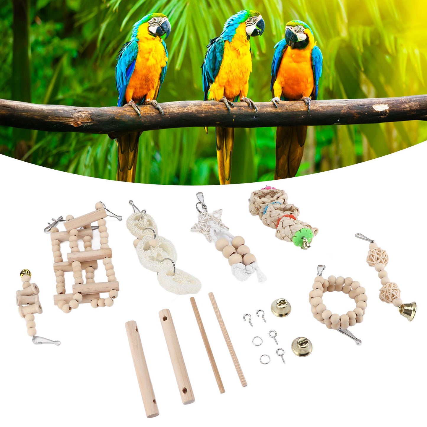 8 Pcs Parrot Toy Wooden Birds Swing Chewing Toy Pet Birds Cage Nest Hanging Toys Spiral Ladders Vertical Roosting Toys