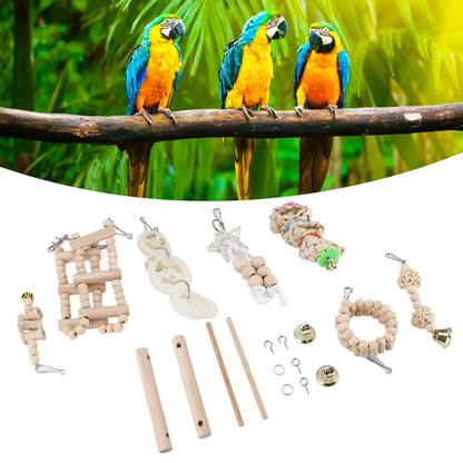8 Pcs Parrot Toy Wooden Birds Swing Chewing Toy Pet Birds Cage Nest Hanging Toys Spiral Ladders Vertical Roosting Toys